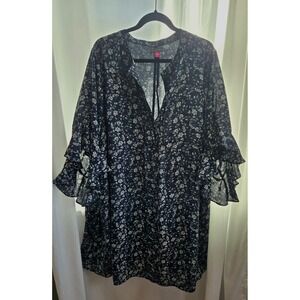 Vince Camuto Navy Pintuck Floral Shift Style Dress 3x Modern Romantic Quiet Boho